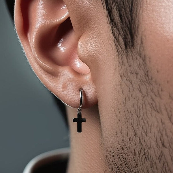 NOCTURNE CROSS SILVER - Pure Titanium Steel Hoop Earrings for Men & Boys (2pcs)