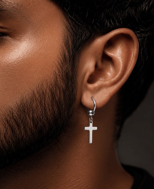 THE MEN THING Earring NOCTURNE CROSS SILVER - Pure Titanium Steel Hoop Earrings for Men & Boys (2pcs)