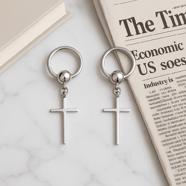 SILVER CRUX NOIR - Pure Titanium Steel Hoop Earrings for Men & Boys (2pcs)