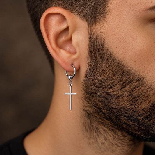 THE MEN THING Earring SILVER CRUX NOIR - Pure Titanium Steel Hoop Earrings for Men & Boys (2pcs)