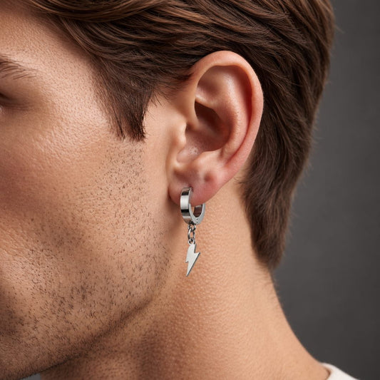 THE MEN THING Earring STORM LINK SILVER - Pure Titanium Steel Hoop Earrings for Men & Boys (2pcs)