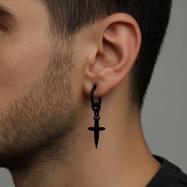 VALOR BLACK CROSS - Pure Titanium Steel Hoop Earrings for Men & Boys (2pcs)