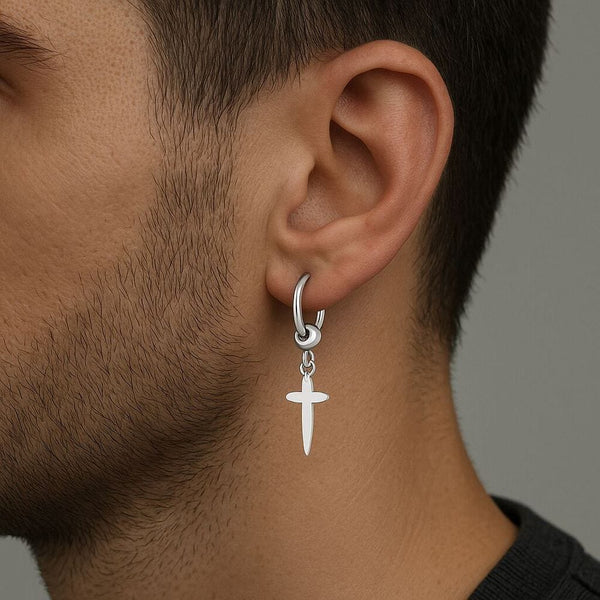 VALOR SILVER CROSS - Pure Titanium Steel Hoop Earrings for Men & Boys (2pcs)