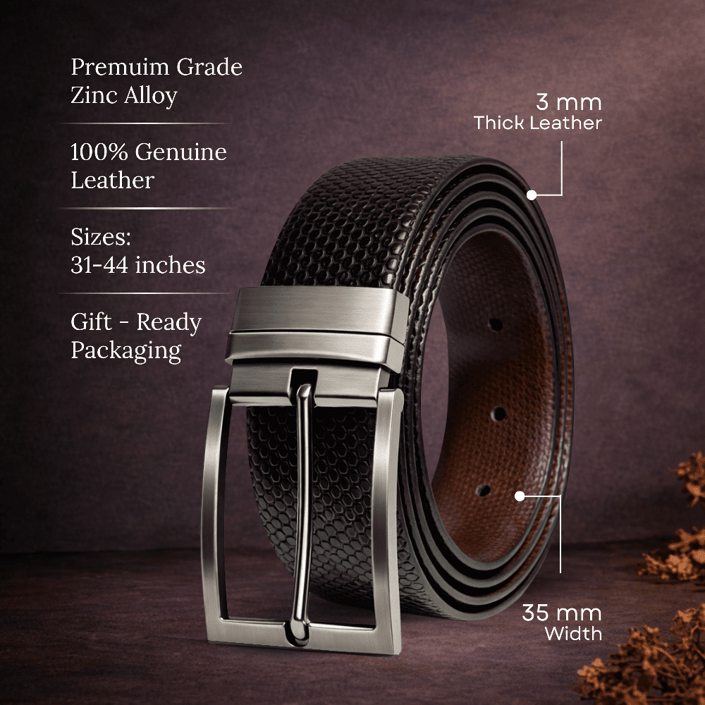 THE MEN THING HEXARO BLACK - Premium Genuine Leather Reversible Belt for Men & Boys | Durable & Stylish for Everyday Wear