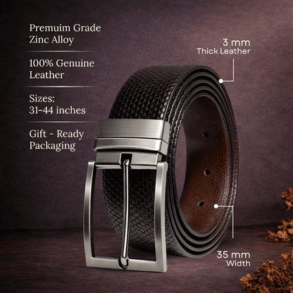 THE MEN THING HEXARO BLACK - Premium Genuine Leather Reversible Belt for Men & Boys | Durable & Stylish for Everyday Wear