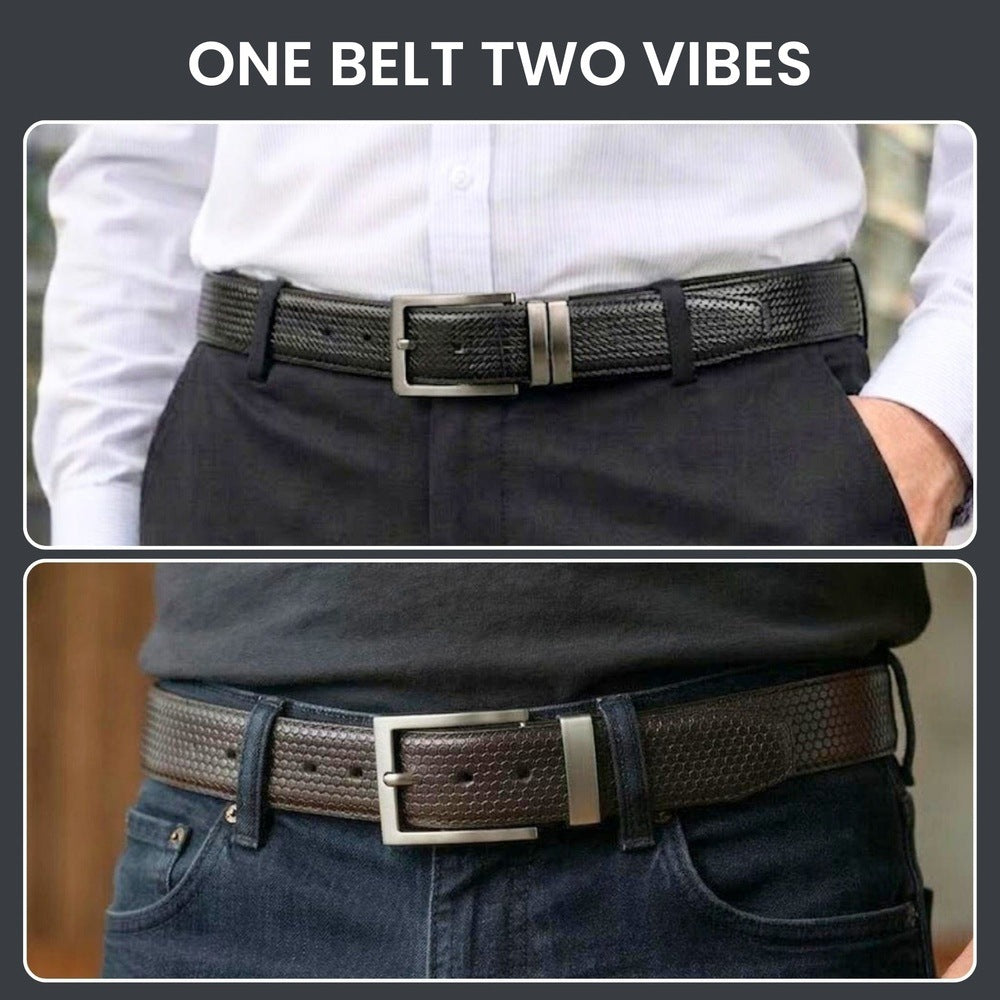 THE MEN THING HEXARO BLACK - Premium Genuine Leather Reversible Belt for Men & Boys | Durable & Stylish for Everyday Wear