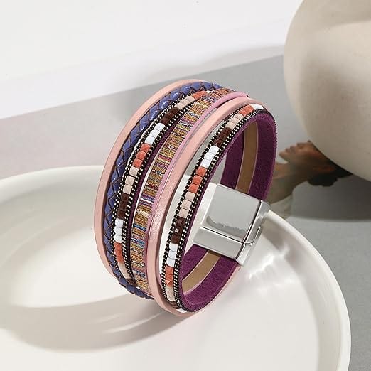 JETSETTER’S EDGE - Pink Genuine Braided Leather Bracelet Set for Men & Boys (8 inch)