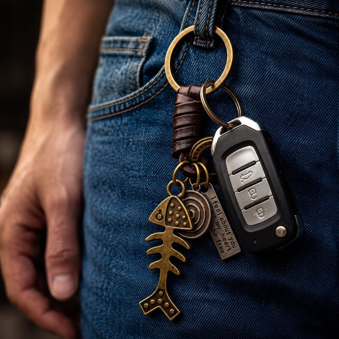 THE MEN THING KeyChains FISHBONE CHARM - Stainless Steel Keychain for Men & Boy