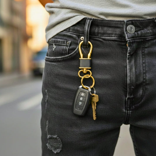 THE MEN THING KeyChains ROYAL GRIP LEATHER - GOLD & BLACK - Stainless Steel Keychain for Men & Boy
