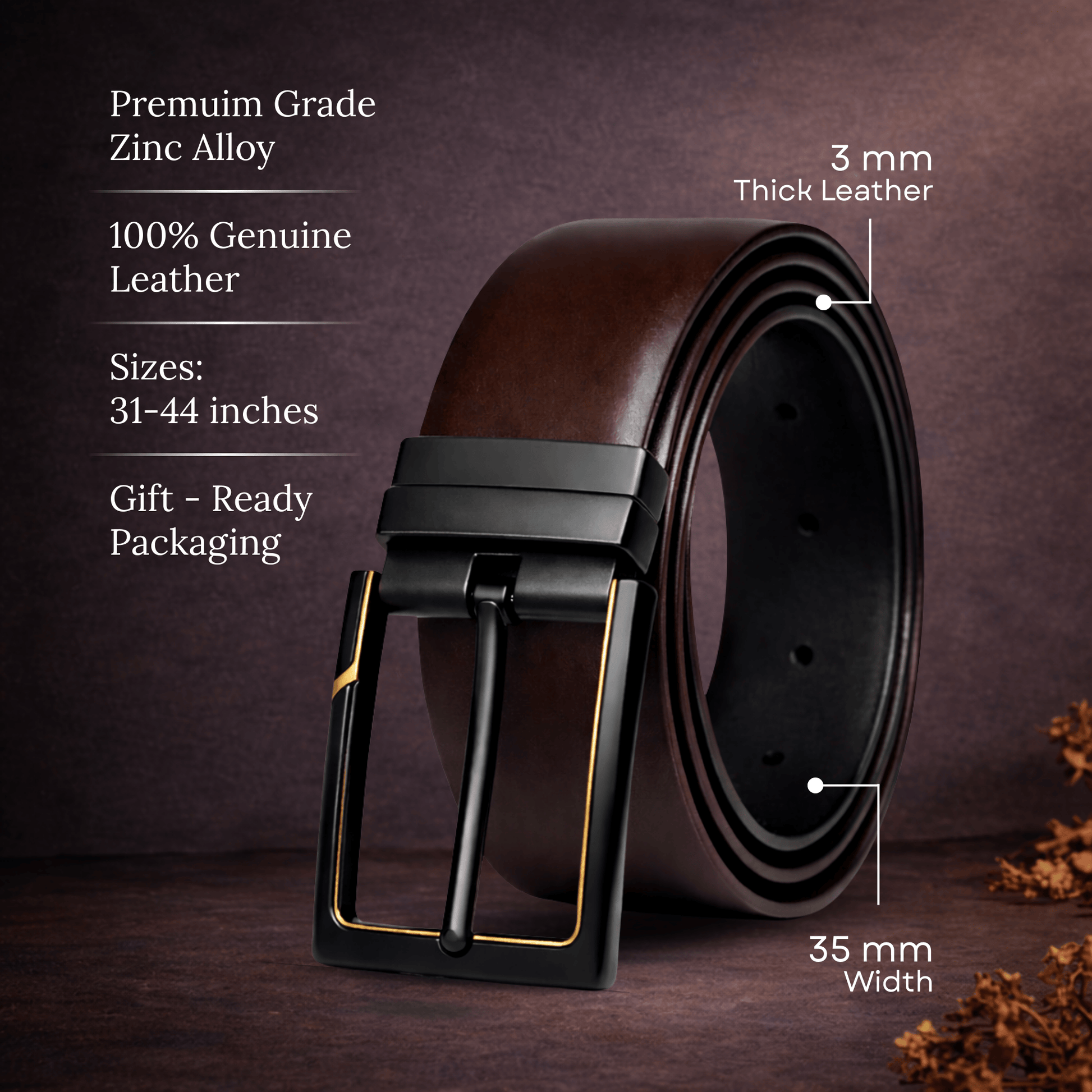 THE MEN THING Leather Belts ARVIX BROWN - Premium Genuine Leather Reversible Belt for Men & Boys | Durable & Stylish for Everyday Wear