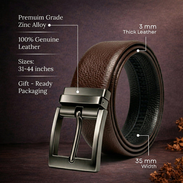 Mens Genuine Leather Belt | 2 in 1 Reversible (Brown & Black) (1 Pc.) - AURON