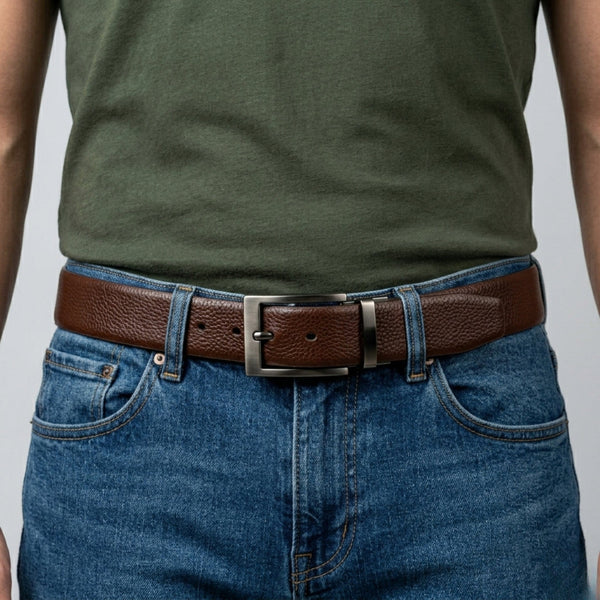 Mens Genuine Leather Belt | 2 in 1 Reversible (Brown & Black) (1 Pc.) - AURON