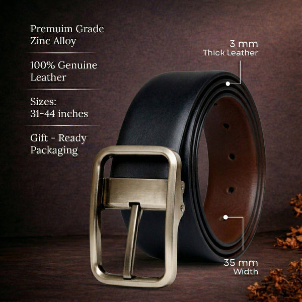 Mens Genuine Leather Belt | 2 in 1 Reversible (Black & Brown) (1 Pc.) - BLAVOR