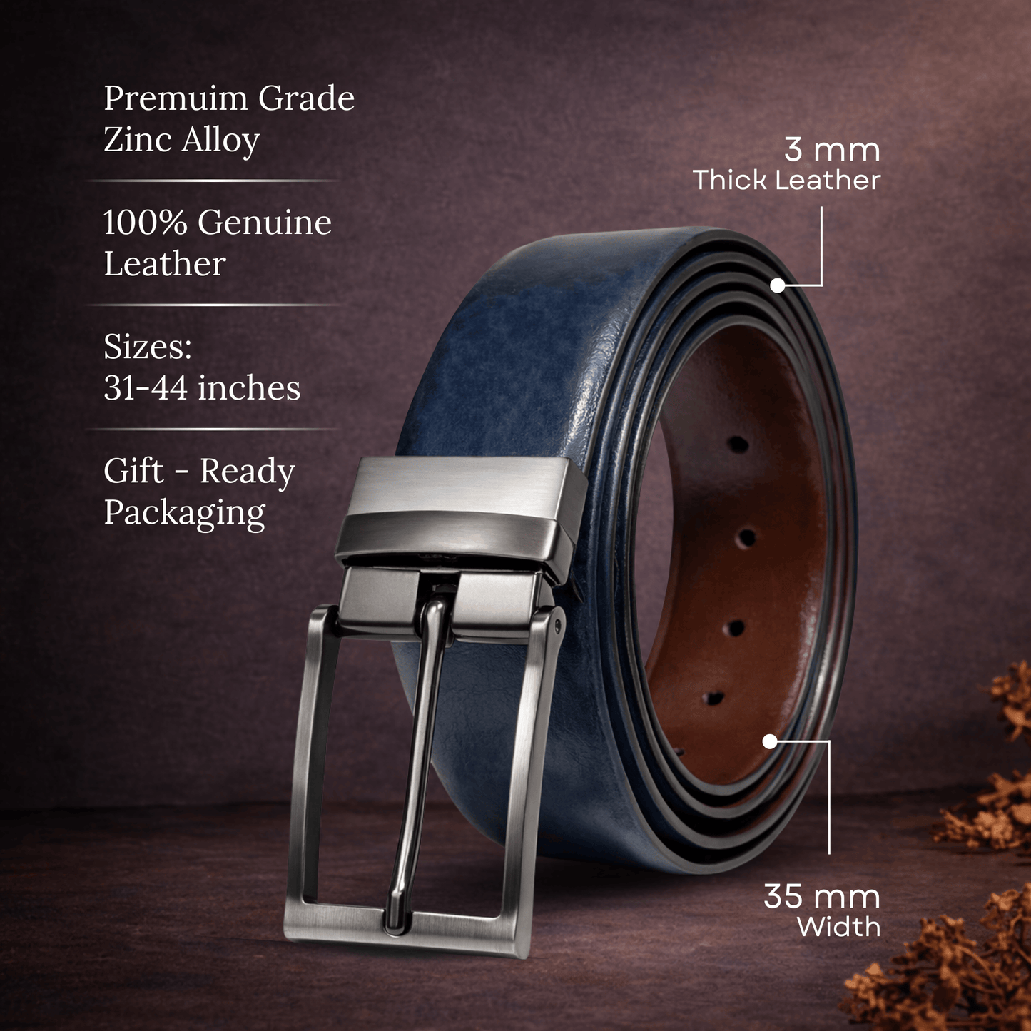 THE MEN THING Leather Belts BRAVEX BLUE - Premium Genuine Leather Reversible Belt for Men & Boys | Durable & Stylish for Everyday Wear