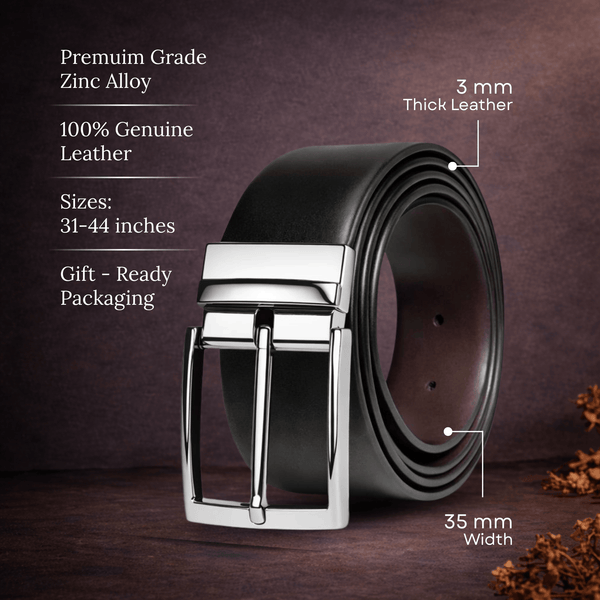 Mens Genuine Leather Belt | 2 in 1 Reversible (Black & Brown) (1 Pc.) - CLASSOR