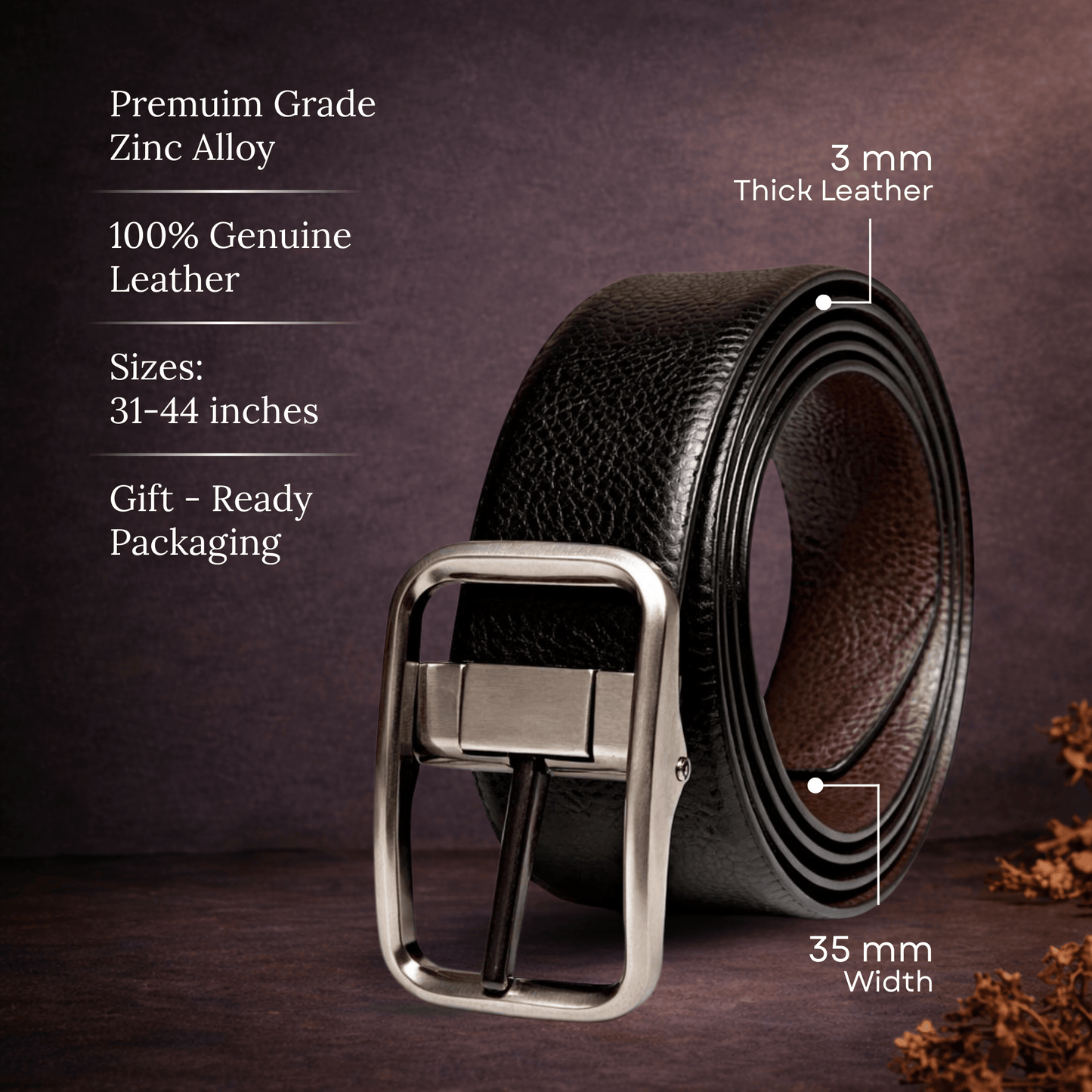 THE MEN THING Leather Belts COREVA BLACK - Premium Genuine Leather Reversible Belt for Men & Boys | Durable & Stylish for Everyday Wear