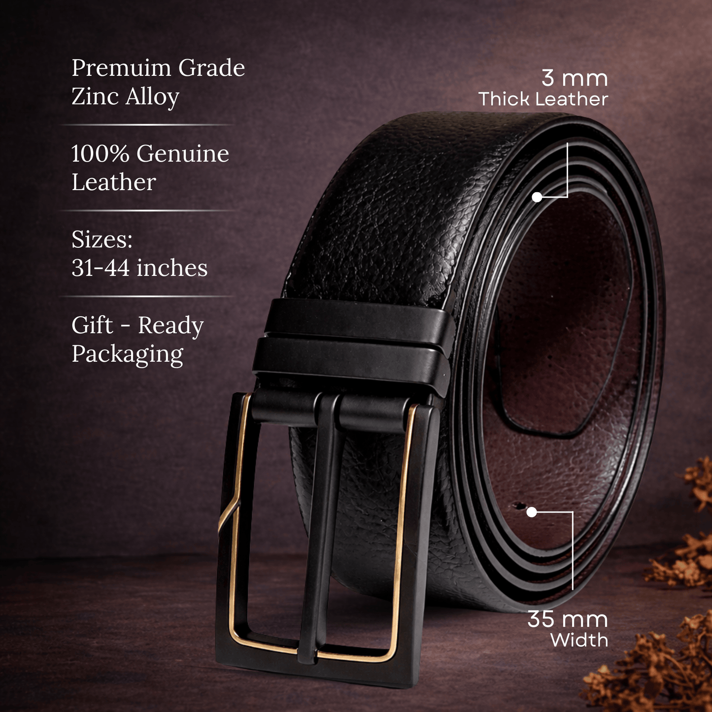 THE MEN THING Leather Belts DORVEX BLACK - Premium Genuine Leather Reversible Belt for Men & Boys | Durable & Stylish for Everyday Wear