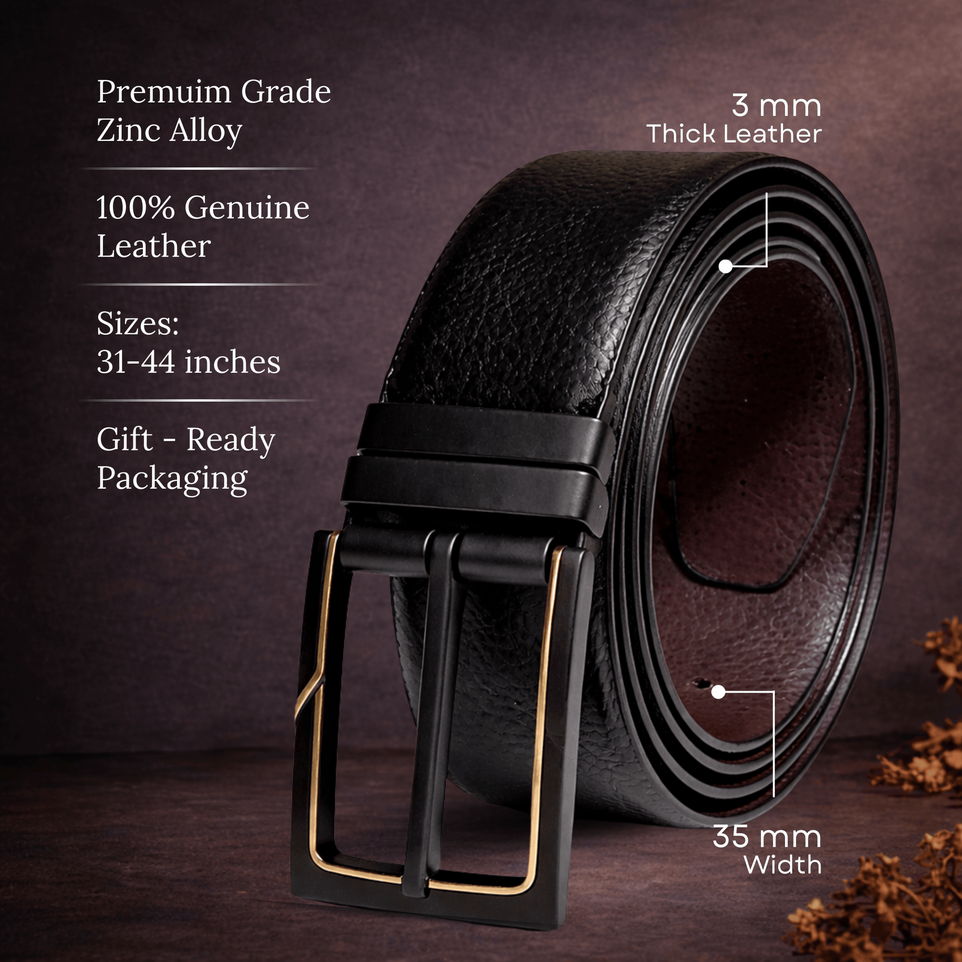 THE MEN THING Leather Belts DORVEX BLACK - Premium Genuine Leather Reversible Belt for Men & Boys | Durable & Stylish for Everyday Wear