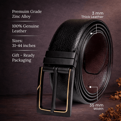 THE MEN THING Leather Belts DORVEX BLACK - Premium Genuine Leather Reversible Belt for Men & Boys | Durable & Stylish for Everyday Wear