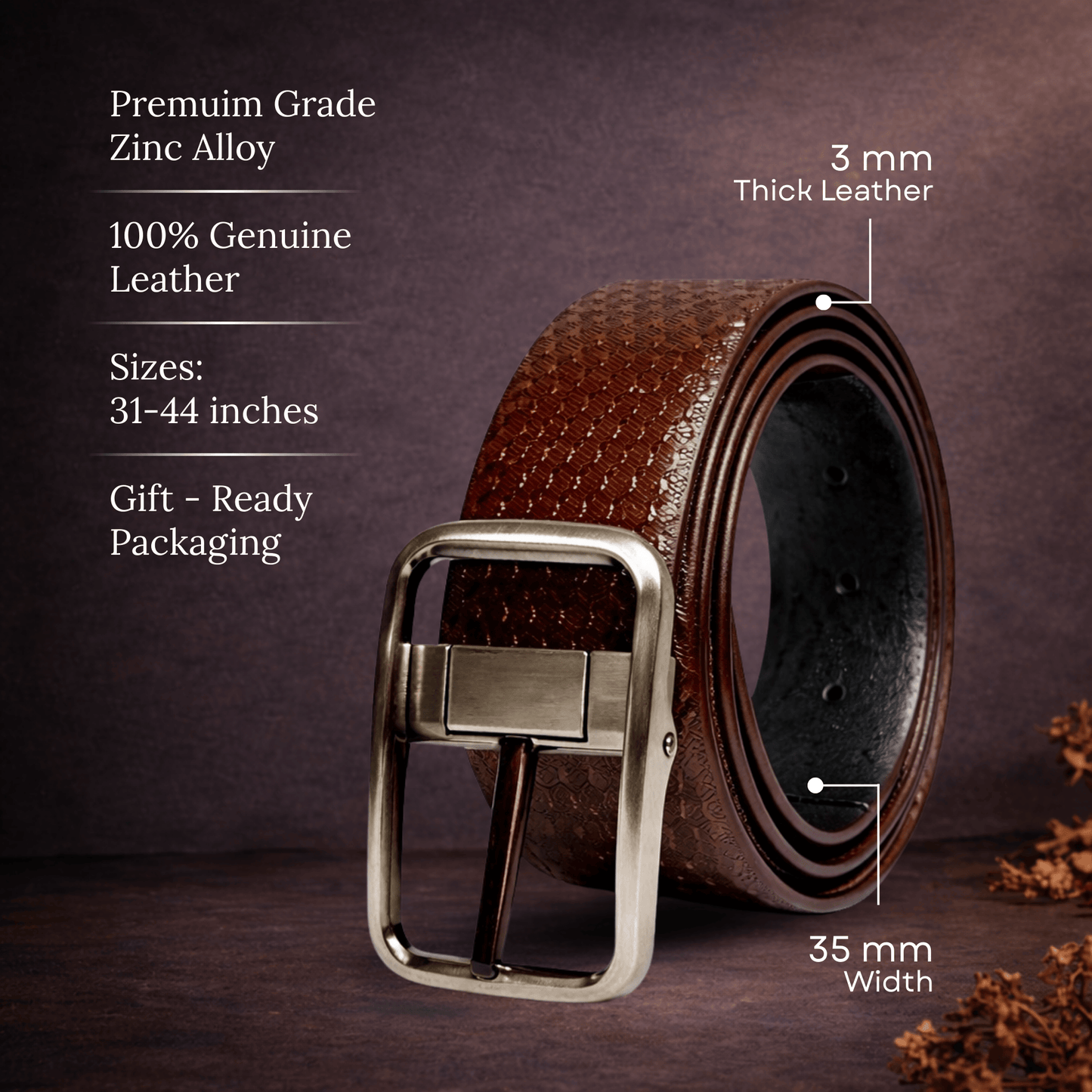 THE MEN THING Leather Belts DUALTEX BROWN - Premium Genuine Leather Reversible Belt for Men & Boys | Durable & Stylish for Everyday Wear