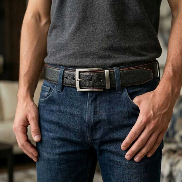Mens 100% Genuine Leather Belt - GRAVEX Saffiano Texture (Black & Brown Reversible)