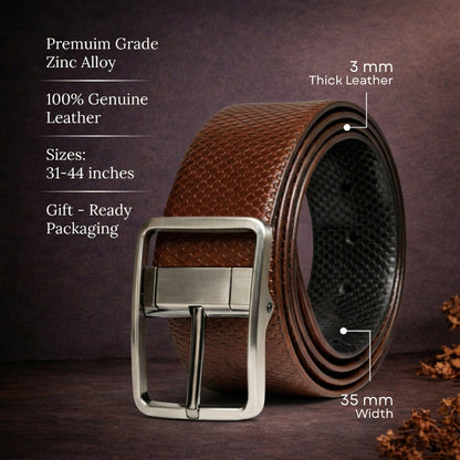 THE MEN THING Leather Belts GRIDLUX BROWN - Premium Genuine Leather Reversible Belt for Men & Boys | Durable & Stylish for Everyday Wear