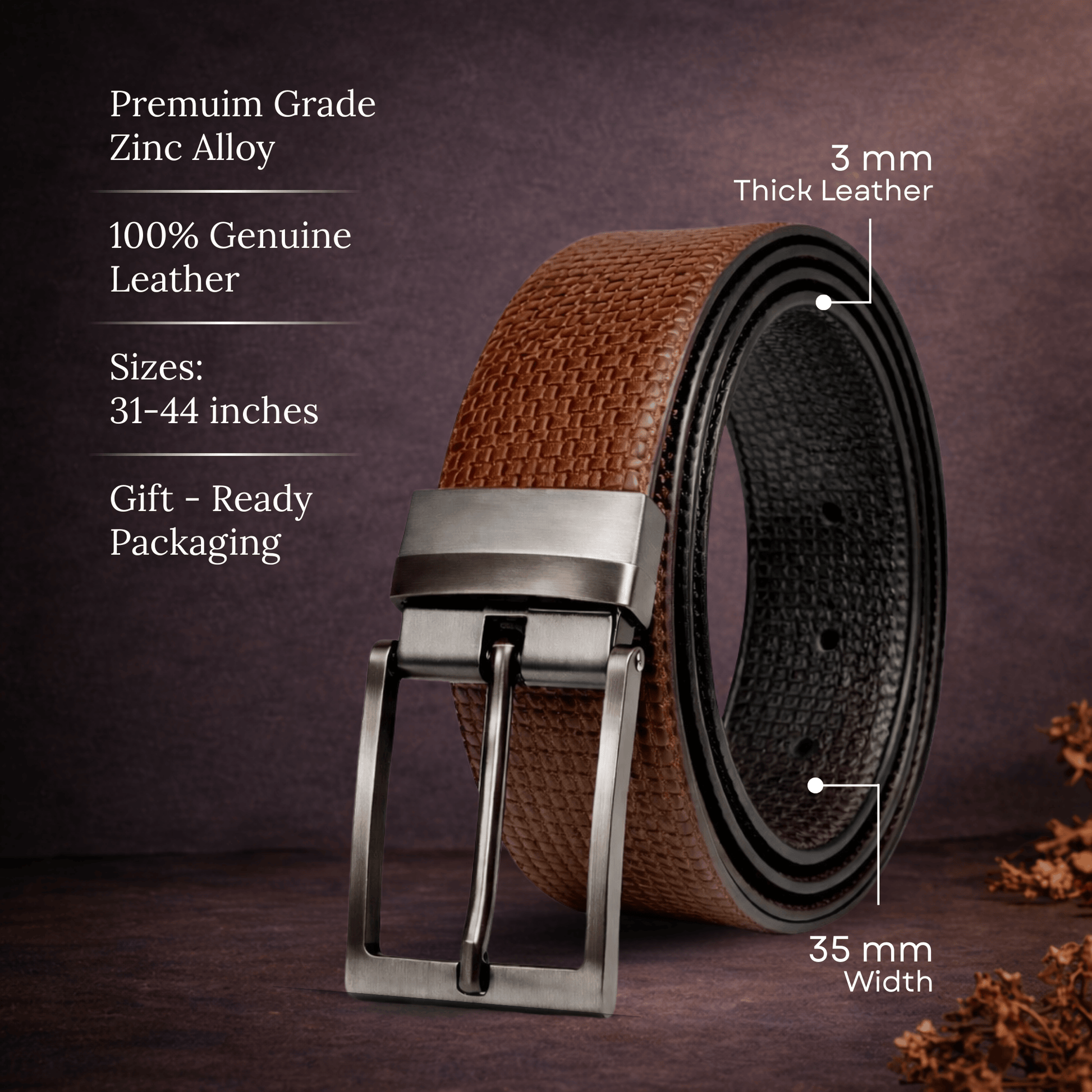 THE MEN THING Leather Belts GRIDON BROWN - Premium Genuine Leather Reversible Belt for Men & Boys | Durable & Stylish for Everyday Wear