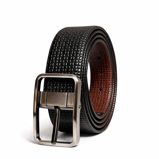 THE MEN THING Leather Belts GRIDTEXTURE BLACK - Premium Genuine Leather Reversible Belt for Men & Boys | Durable & Stylish for Everyday Wear
