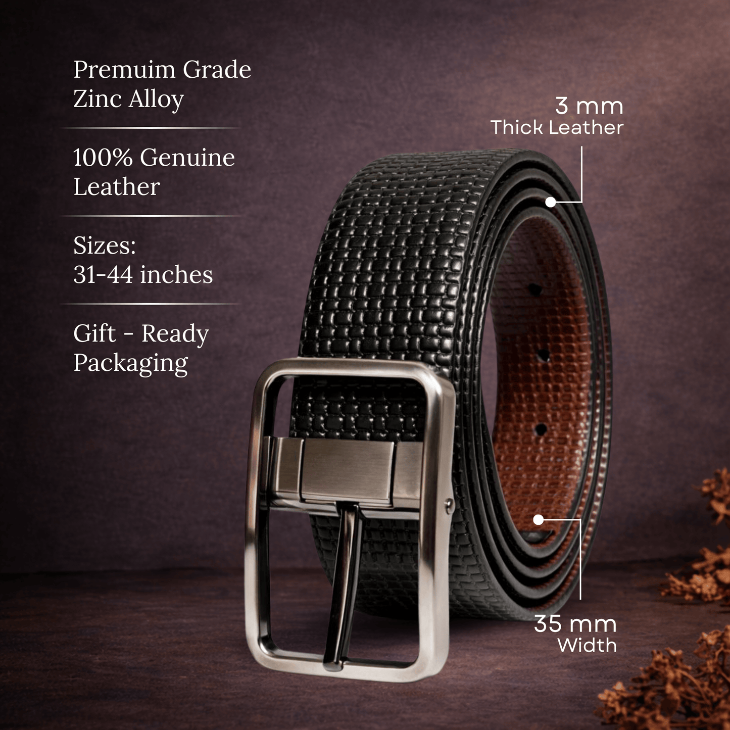 THE MEN THING Leather Belts GRIDTEXTURE BLACK - Premium Genuine Leather Reversible Belt for Men & Boys | Durable & Stylish for Everyday Wear