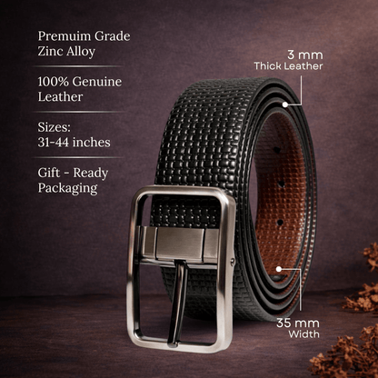 THE MEN THING Leather Belts GRIDTEXTURE BLACK - Premium Genuine Leather Reversible Belt for Men & Boys | Durable & Stylish for Everyday Wear