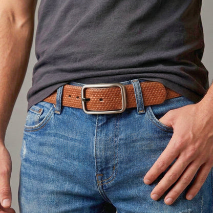 THE MEN THING Leather Belts GRIDTEXTURE BROWN - Premium Genuine Leather Reversible Belt for Men & Boys | Durable & Stylish for Everyday Wear