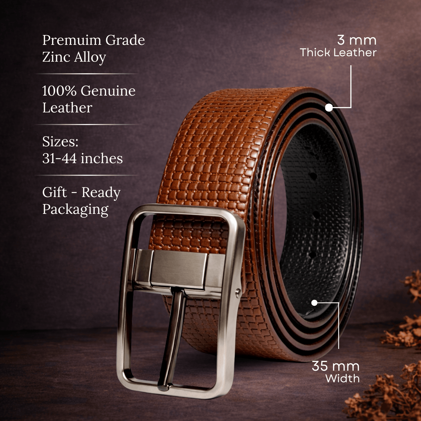 THE MEN THING Leather Belts GRIDTEXTURE BROWN - Premium Genuine Leather Reversible Belt for Men & Boys | Durable & Stylish for Everyday Wear
