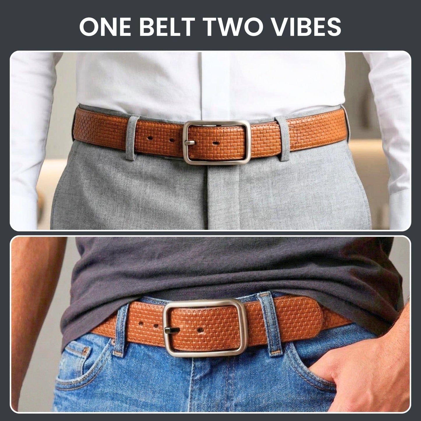 THE MEN THING Leather Belts GRIDTEXTURE BROWN - Premium Genuine Leather Reversible Belt for Men & Boys | Durable & Stylish for Everyday Wear