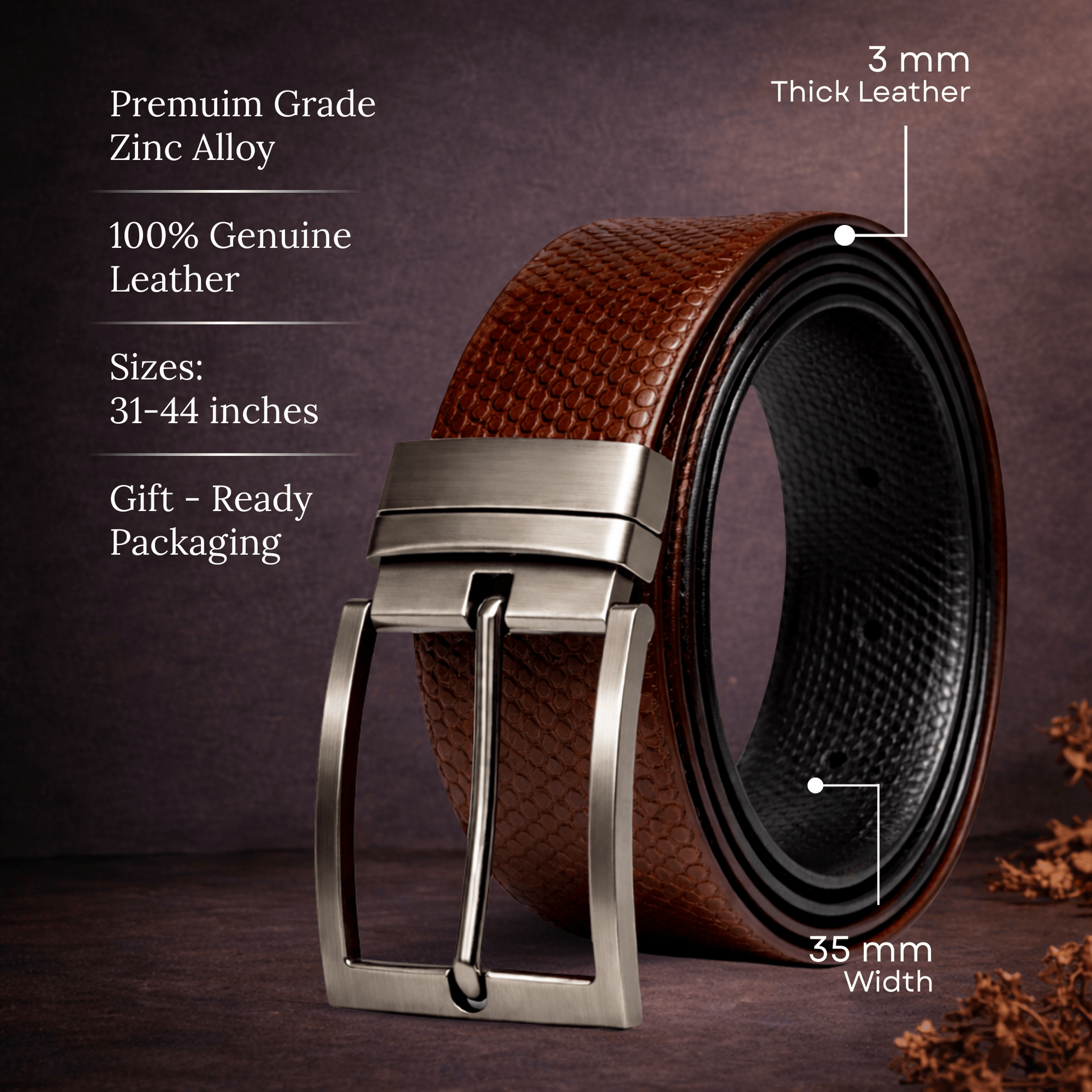 THE MEN THING Leather Belts HEXARO BROWN - Premium Genuine Leather Reversible Belt for Men & Boys | Durable & Stylish for Everyday Wear