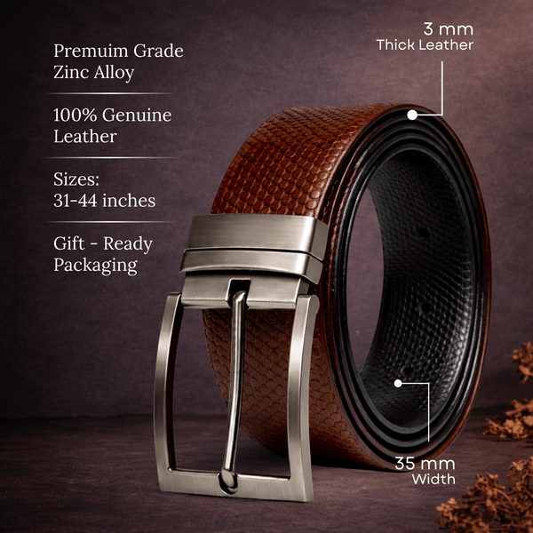Mens Genuine Leather Belt | 2 in 1 Reversible (Brown & Black) (1 Pc.) - HEXARO