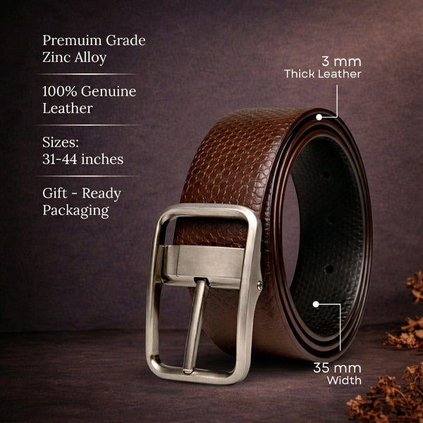Mens Genuine Leather Belt | 2 in 1 Reversible (Brown & Black) (1 Pc.) - HEXSHIFT