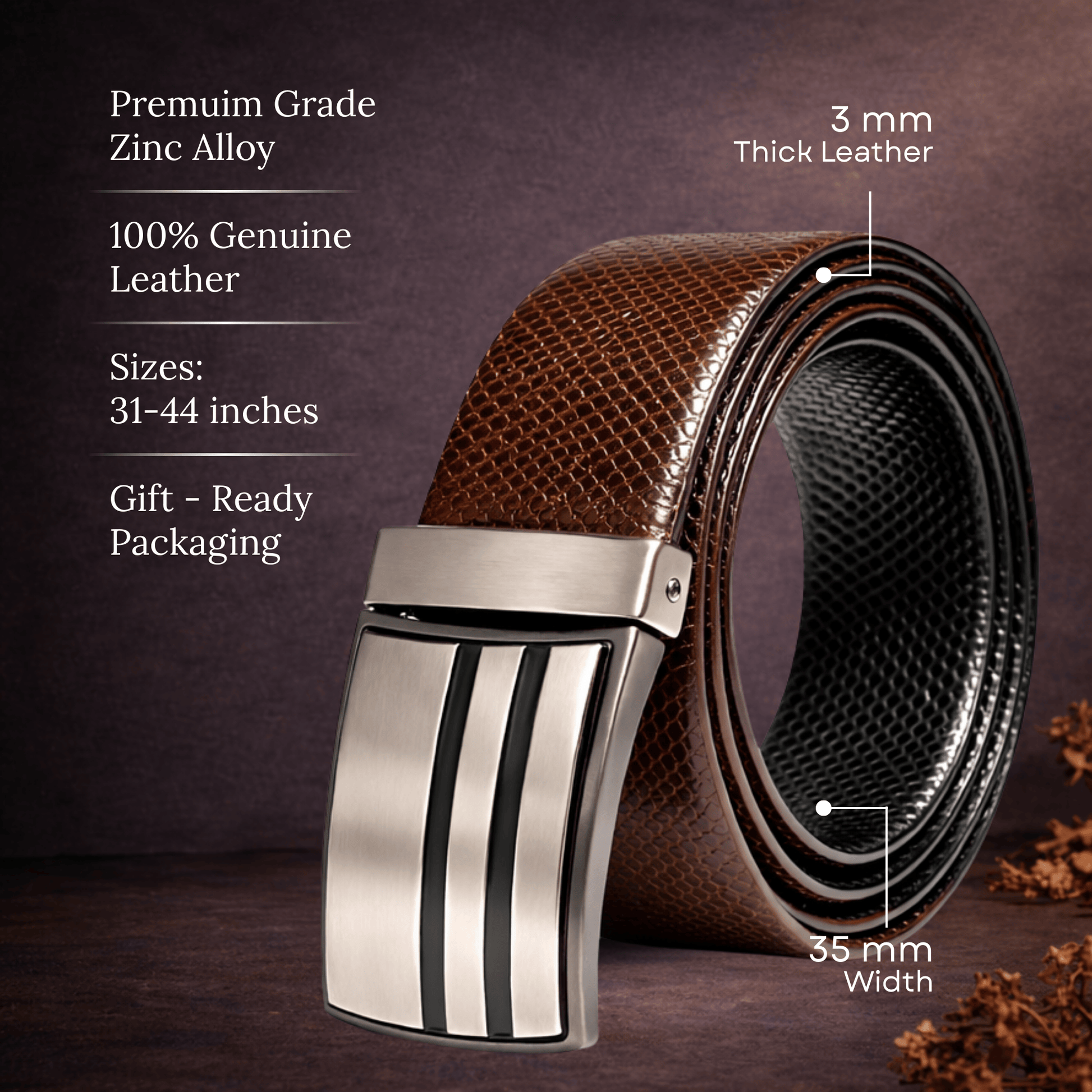 THE MEN THING Leather Belts LIZARD TEXTURE BROWN - Premium Genuine Leather Reversible Belt for Men & Boys | Durable & Stylish for Everyday Wear