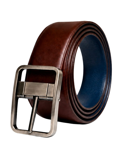 THE MEN THING Leather Belts Mens 100% Genuine Leather Belt - NAVYTAN Glossy Navy Finish (Brown & BLUE Reversible)
