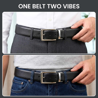 Mens 100% Genuine Leather Belt - LUXORIC Pebble-Grain, AXIOM Polished Pin Buckle (Black & Brown Reversible) — Leather Belts for Men | THE MEN THING