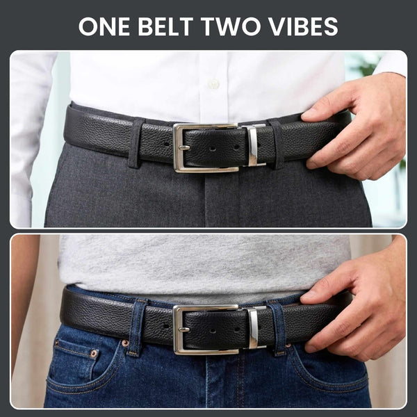 Mens 100% Genuine Leather Belt - LUXORIC Pebble-Grain, AXIOM Polished Pin Buckle (Black & Brown Reversible)