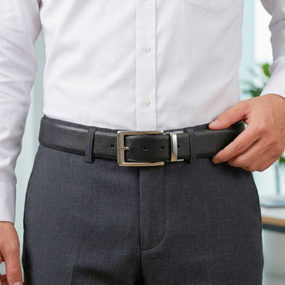 Mens 100% Genuine Leather Belt - LUXORIC Pebble-Grain, AXIOM Polished Pin Buckle (Black & Brown Reversible) — Leather Belts for Men | THE MEN THING