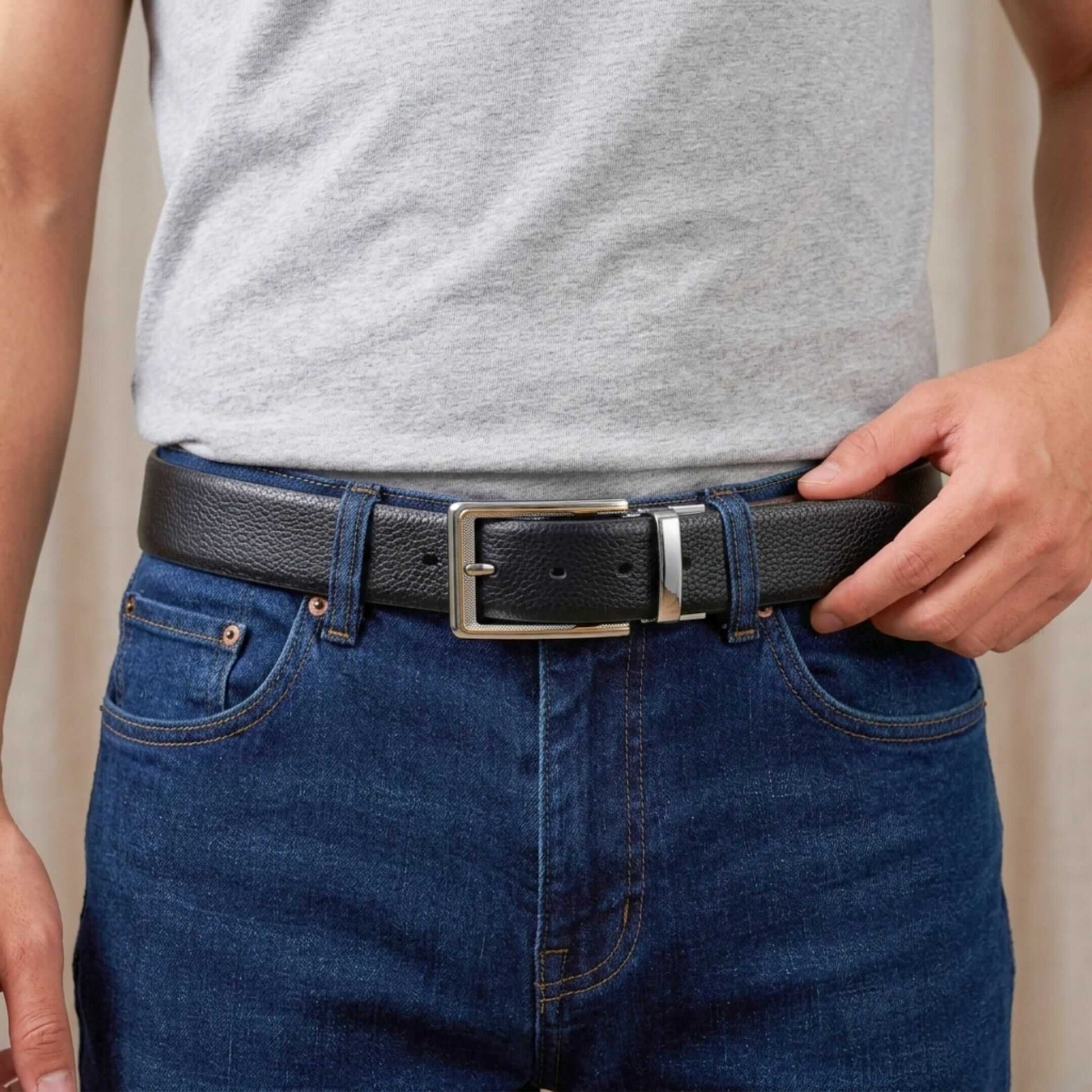 Mens 100% Genuine Leather Belt - LUXORIC Pebble-Grain, AXIOM Polished Pin Buckle (Black & Brown Reversible) — Leather Belts for Men | THE MEN THING