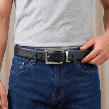 Mens 100% Genuine Leather Belt - LUXORIC Pebble-Grain, AXIOM Polished Pin Buckle (Black & Brown Reversible) — Leather Belts for Men | THE MEN THING