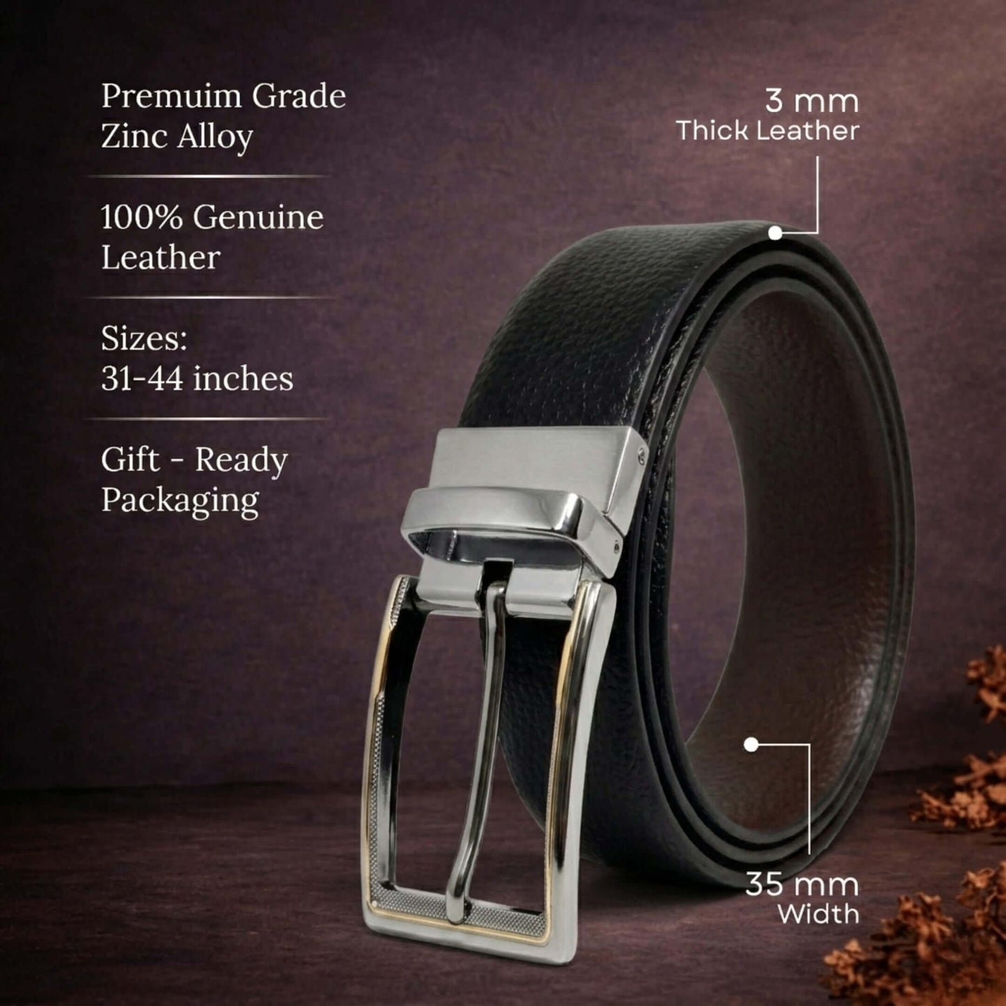 Mens 100% Genuine Leather Belt - LUXORIC Pebble-Grain, AXIOM Polished Pin Buckle (Black & Brown Reversible) — Leather Belts for Men | THE MEN THING