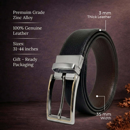 Mens 100% Genuine Leather Belt - LUXORIC Pebble-Grain, AXIOM Polished Pin Buckle (Black & Brown Reversible) — Leather Belts for Men | THE MEN THING