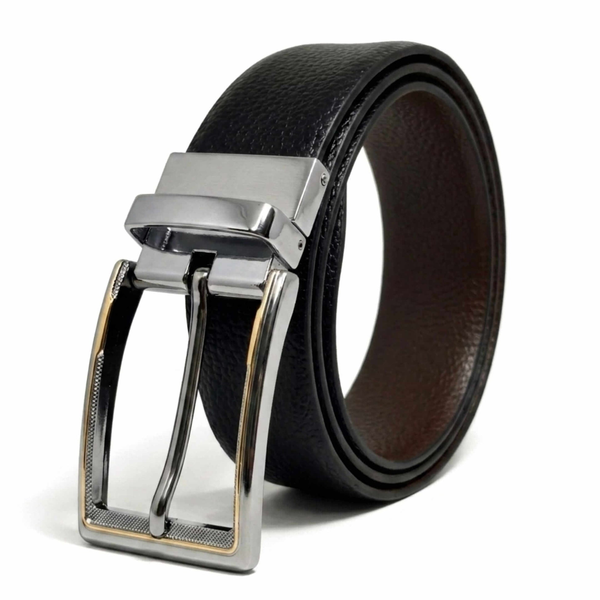 Mens 100% Genuine Leather Belt - LUXORIC Pebble-Grain, AXIOM Polished Pin Buckle (Black & Brown Reversible) — Leather Belts for Men | THE MEN THING