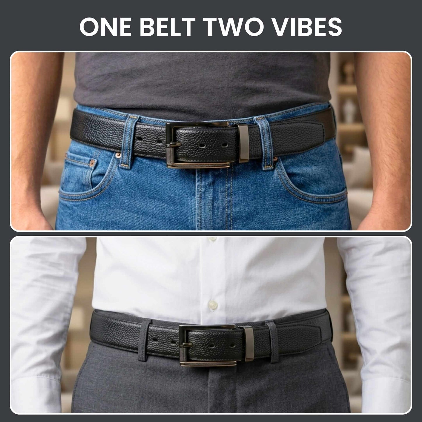 Mens 100% Genuine Leather Belt - LUXORIC Pebble-Grain, TORIX Brushed Bronze Pin Buckle (Black & Brown Reversible) — Leather Belts for Men | THE MEN THING