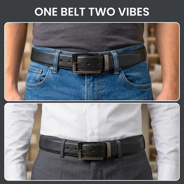 Mens 100% Genuine Leather Belt - LUXORIC Pebble-Grain, TORIX Brushed Bronze Pin Buckle (Black & Brown Reversible)