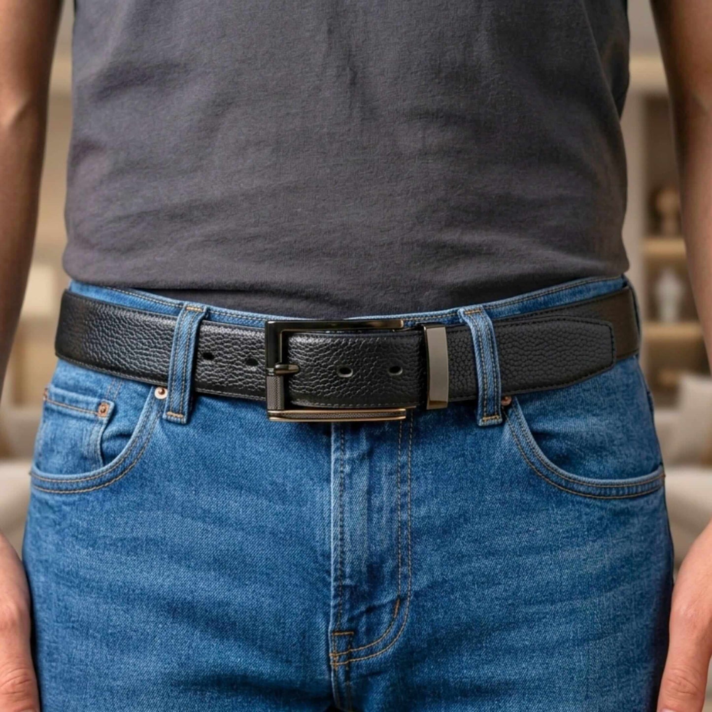 Mens 100% Genuine Leather Belt - LUXORIC Pebble-Grain, TORIX Brushed Bronze Pin Buckle (Black & Brown Reversible) — Leather Belts for Men | THE MEN THING