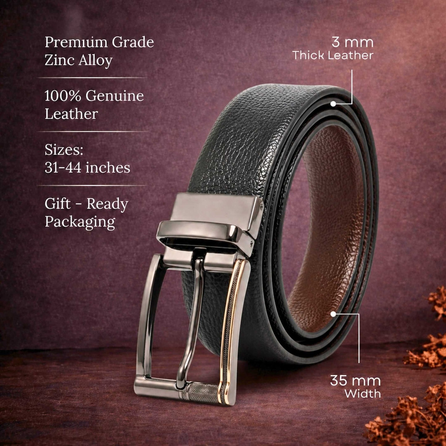Mens 100% Genuine Leather Belt - LUXORIC Pebble-Grain, TORIX Brushed Bronze Pin Buckle (Black & Brown Reversible) — Leather Belts for Men | THE MEN THING